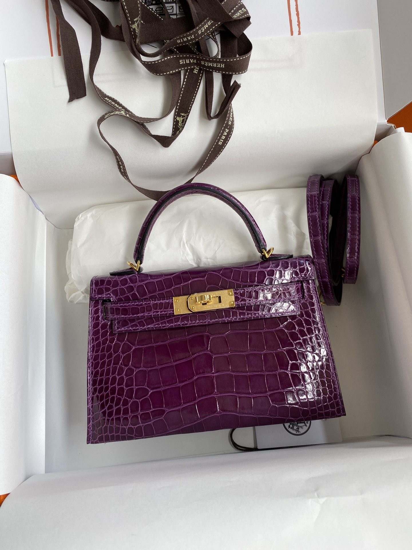 Hermes Kelly Mini II Bag 19CM In Dark Purple Shiny Alligator Leather